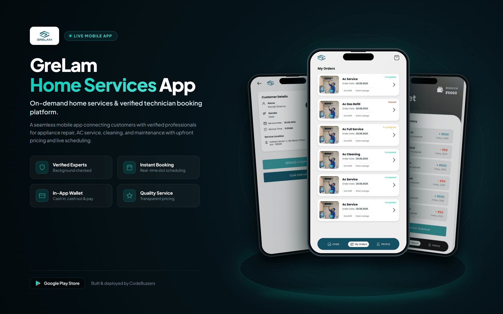 GreLam on-demand home services mobile app across orders, customer details and wallet screens