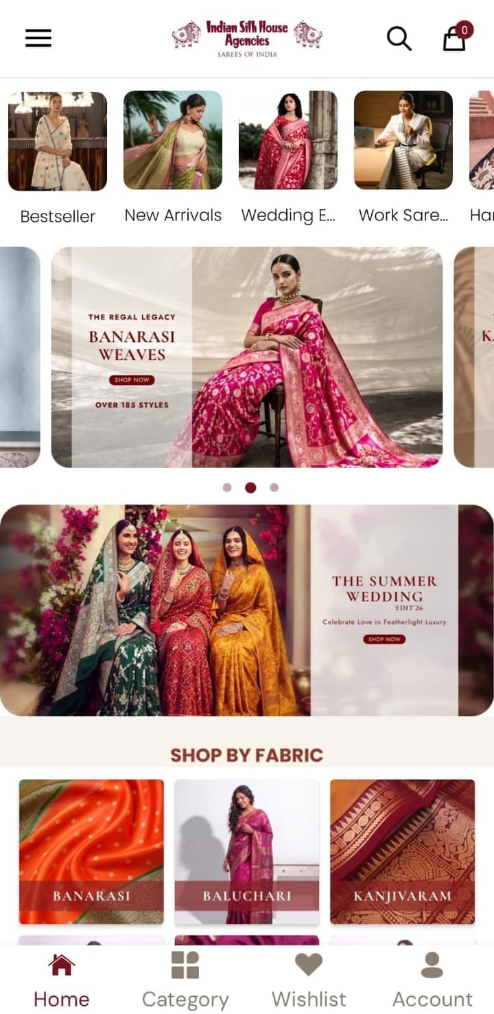 The AllSilks shopping app home screen, showing saree collections and shop-by-fabric categories