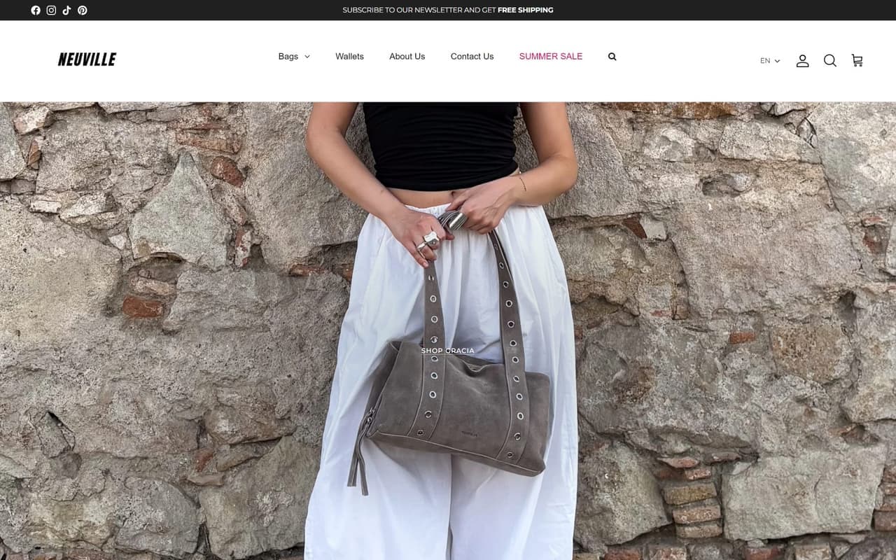 The Neuville storefront, showing a leather handbag on the campaign homepage
