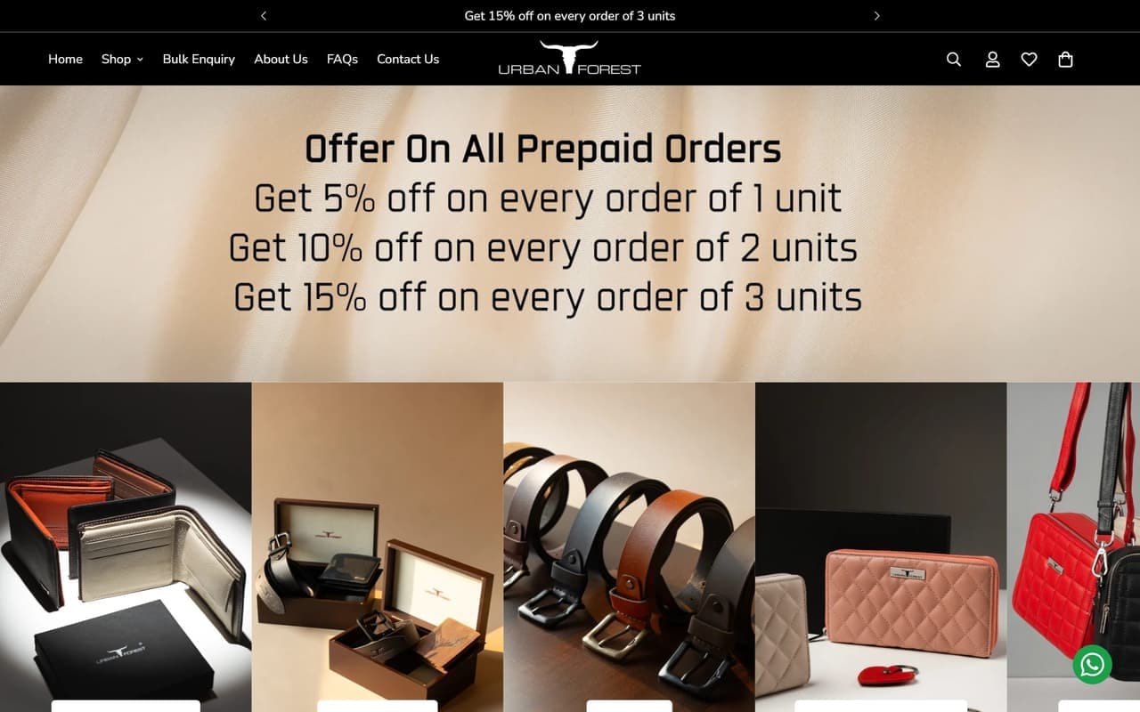 The Urban Forest storefront, showing prepaid order offers above the leather accessories catalogue