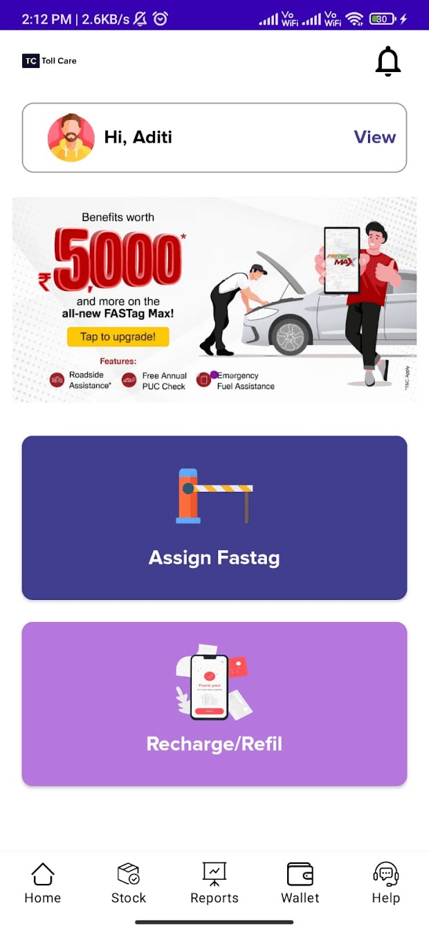 Toll Care Assistant home screen, with the Assign FASTag and Recharge or Refill actions